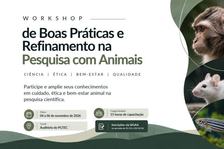 Matéria de divulgação do Workshop de Boas Práticas e Refinamento na Pesquisa com Animais, promovido pela UFRN, por meio da PROPESQ, em parceria com o Instituto Santos Dumont (ISD), como instituição coexecutora. O evento acontece de 4 a 6 de novembro de 2026, no auditório do PGTEC, na UFRN, em Natal, com carga horária de 15 horas. As inscrições são realizadas pelo SIGAA, de 1º a 28 de outubro, com 50 vagas disponíveis. A programação aborda ética, bem-estar animal, qualidade científica e os princípios dos 3Rs: Substituição, Redução e Refinamento.