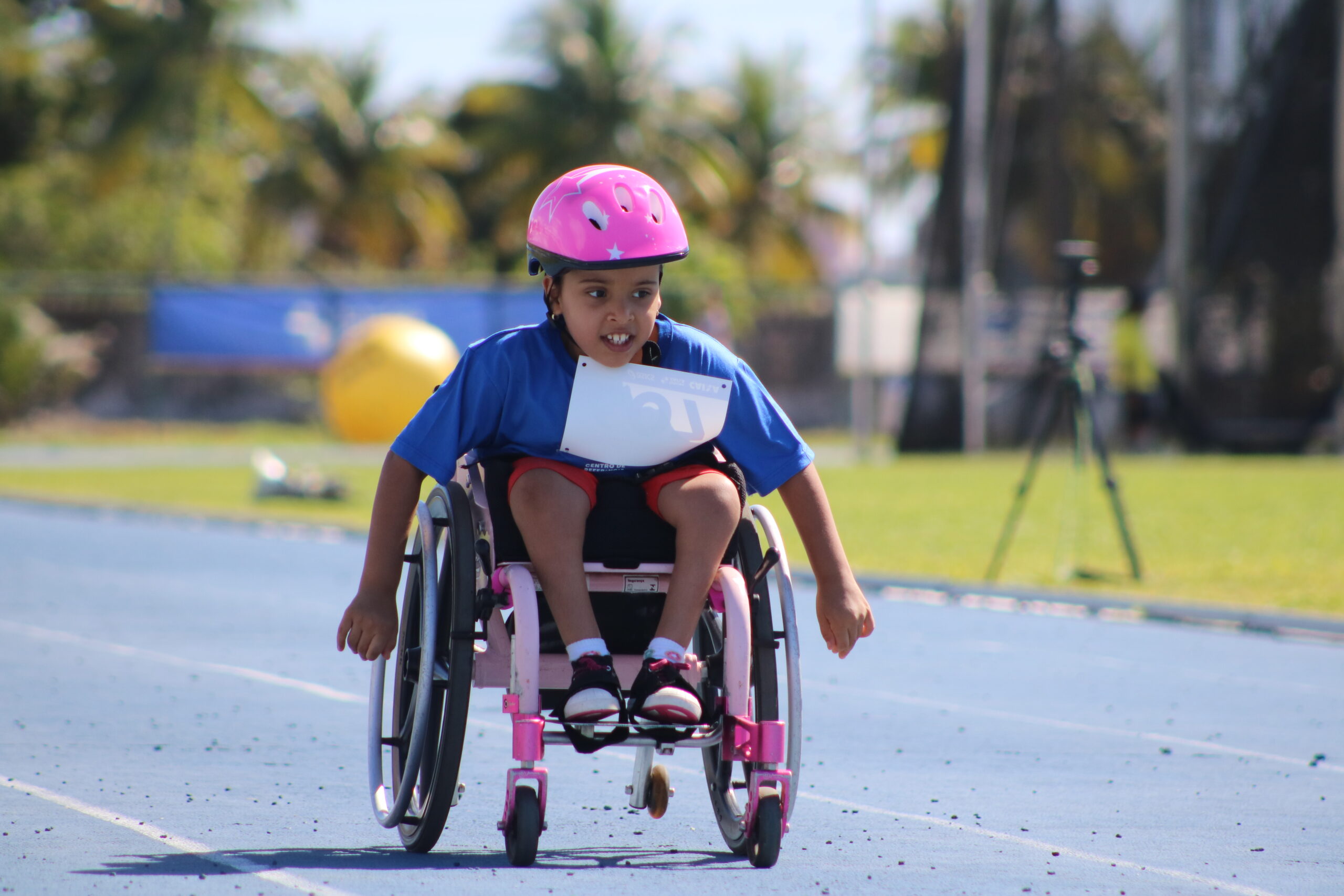 A imagem é uma fotografia em plano médio, centralizada e em formato horizontal, que registra uma criança em uma corrida de cadeira de rodas em uma pista de atletismo ao ar livre. Uma criança de pele parda e cabelos escuros, usando um capacete cor-de-rosa com estrelas brancas, move uma cadeira de rodas esportiva rosa e preta sobre uma pista azul. Ela veste uma camiseta azul-royal com um número de identificação branco preso na frente, shorts vermelhos, meias brancas e tênis escuros. A menina está inclinada ligeiramente para a frente, com os braços estendidos para baixo junto às rodas da cadeira, demonstrando esforço e concentração. Ao fundo, há um gramado verde ensolarado e a área externa do complexo esportivo, com árvores e outras pessoas desfocadas. Texto contido na imagem (verbatim):Texto no papel de identificação preso à camiseta: 701